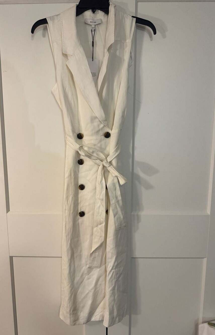 Reiss Mariah Linen Blend Belted Sleeveless Button-Down Midi Dress in Ivory